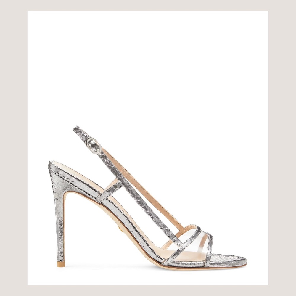Stuart Weitzman Mondrian 100 Slingback Sandal Metallic Silver Watersnake